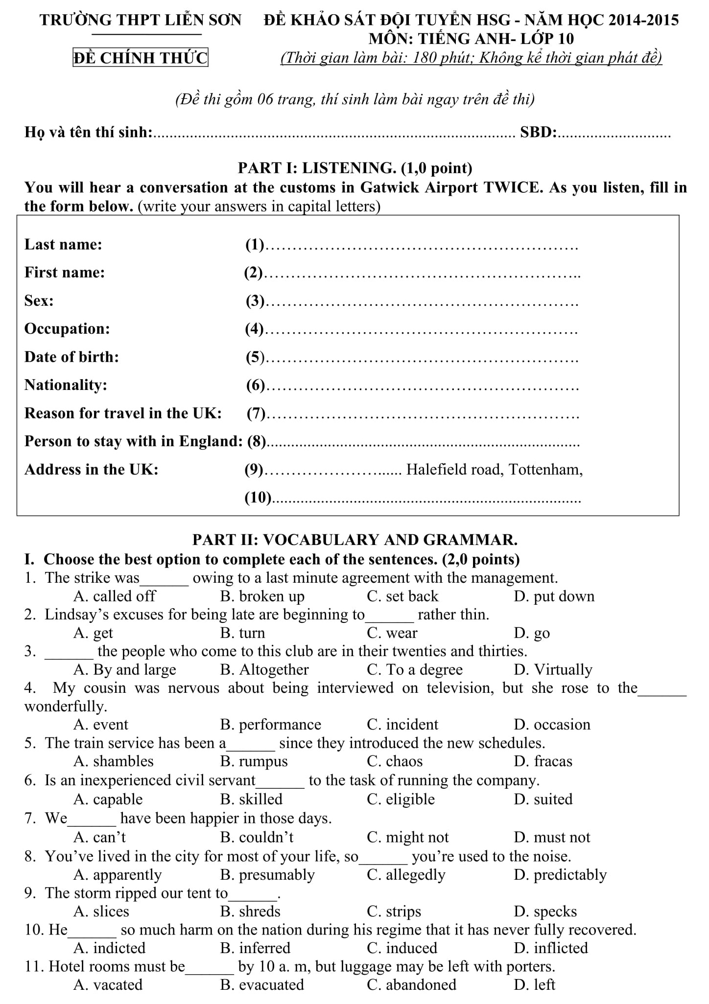 Đáp án và đề thi HSG Anh Văn 10 sở GD&ĐT Vĩnh Phúc 2014-2015