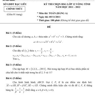 Đáp án và đề thi HSG Toán 12 sở GD&ĐT Bạc Liêu 2011-2012