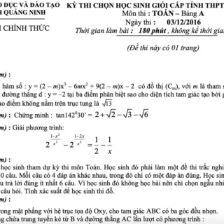 Đề thi chọn học sinh giỏi Toán 12 năm 2016 sở GD và ĐT Quảng Ninh