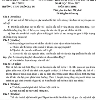 Đề thi HSG môn Sinh học, THPT Ngô Gia Tự tỉnh Bắc Ninh 2017