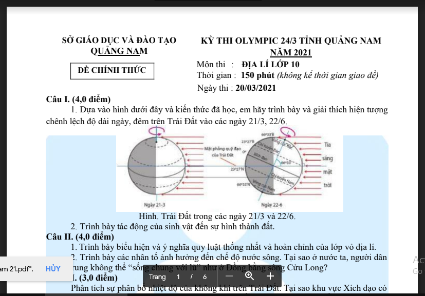 Đề thi chọn học sinh giỏi Địa Lý 10 Sở GD&ĐT Quảng Nam năm 2021 có đáp án