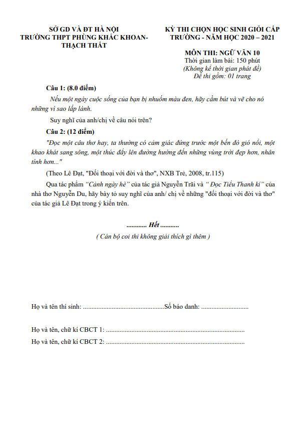 Đề thi chọn học sinh giỏi Địa Lý 10 THPT Phùng Khắc Khoan, Hà Nội năm 2020-2021 có đáp án