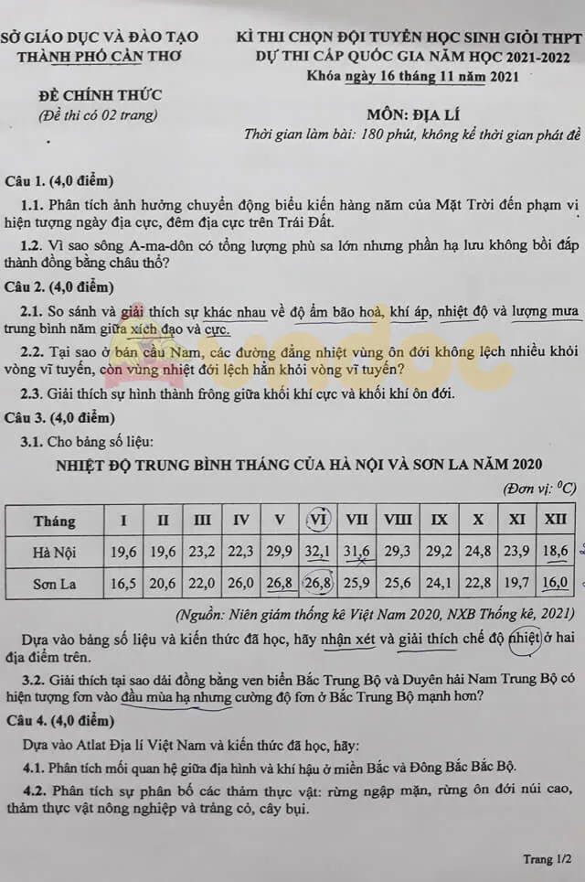 Đề thi chọn học sinh giỏi Địa Lý 10 Sở GD&ĐT Quảng Nam năm 2021 có đáp án
