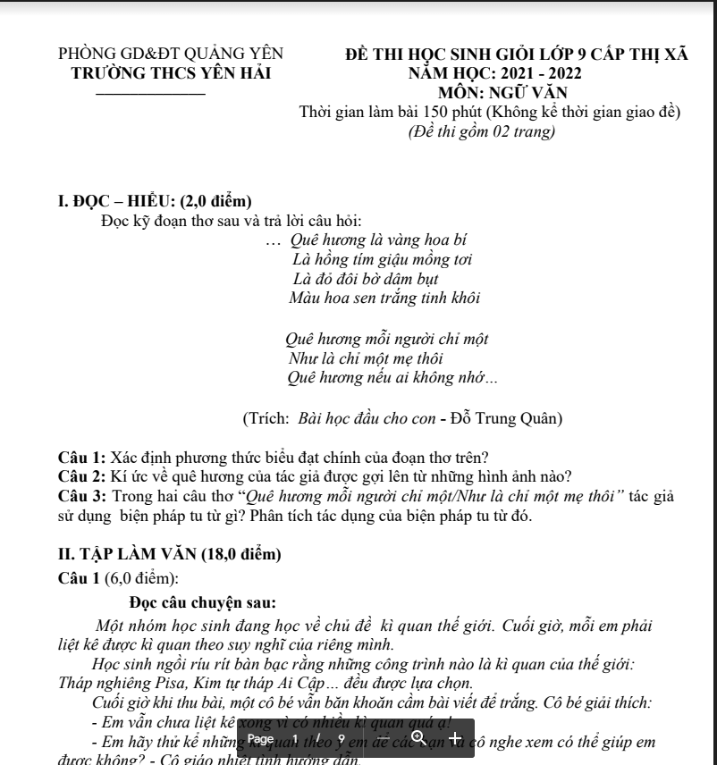 Đề thi HSG Ngữ văn 9 phòng GD&ĐT Quảng Yên THCS Yên Hải năm 2021-2022 có đáp án