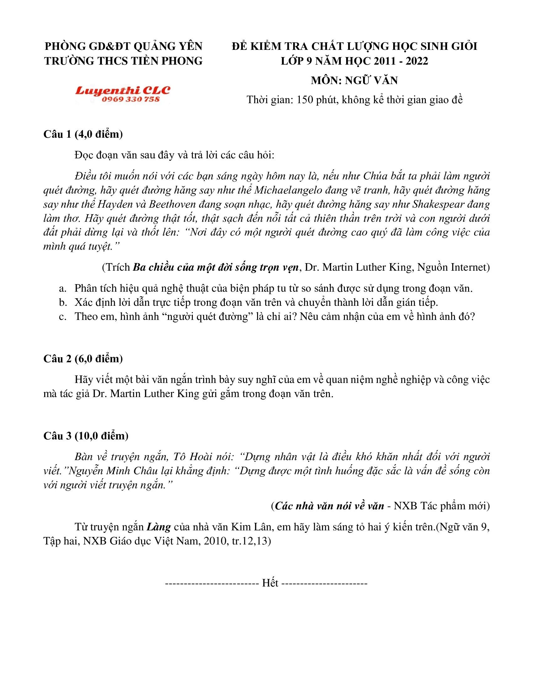 Đề kiểm tra học sinh giỏi lớp 9 năm học 2021-2022 Phòng GD&ĐT Quảng Yên.