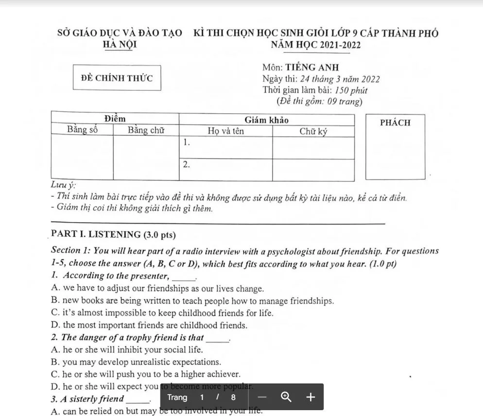 Đề luyện thi học sinh giỏi số 24 lớp 8 năm học 2021-2022 môn Tiếng Anh có đáp án.