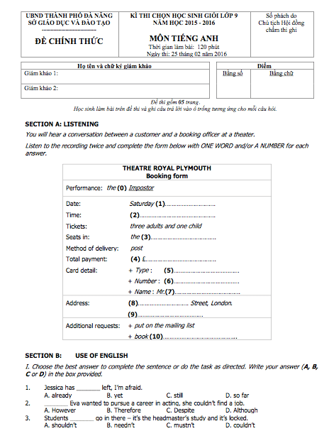 Đề thi thử số 49 học sinh giỏi lớp 9 môn Tiếng Anh cấp tỉnh.