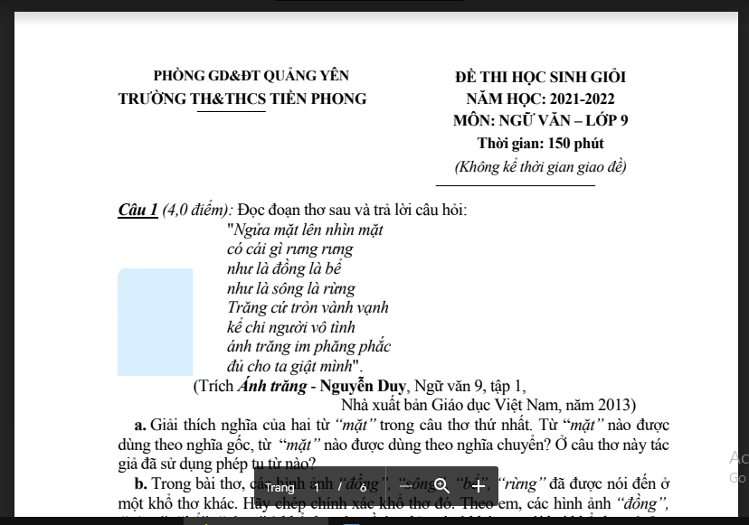 Đề thi HSG Ngữ văn 9 năm học 2021-2022 Phòng GD & ĐT Quảng Yên Trường TH&THCS Tiền Phong.