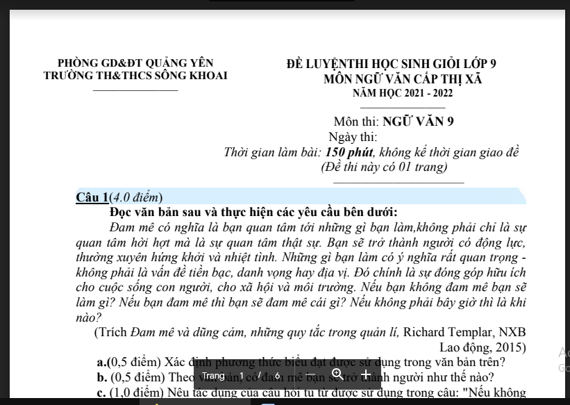 Đề luyện thi HSG lớp 9 môn Ngữ văn cấp Thị xã năm học 2021-2022 Phòng GD & ĐT Quảng Yên Trường TH&THCS Sông Khoai.
