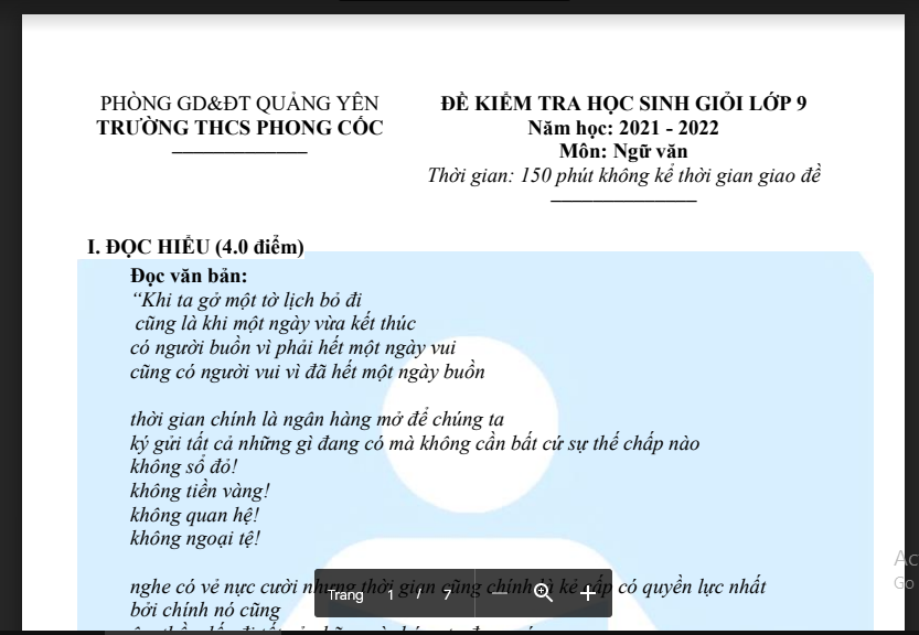 Đề kiểm tra HSG năm học 2021-2022 môn Ngữ văn lớp 9 Phòng GD&ĐT Quảng Yên Trường THCS Phong Cốc.