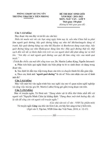 Đề thi HSG Ngữ văn 9 năm học 2021-2022 Phòng GD & ĐT Quảng Yên Trường TH&THCS Tiền Phong.