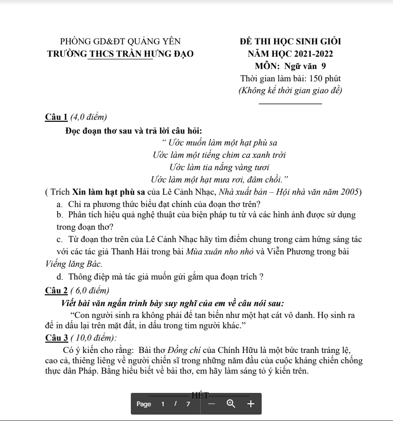 Đề thi HSG năm học 2021-2022 môn Ngữ văn Phòng GD&ĐT Quảng Yên Trường THCS Trần Hưng Đạo.