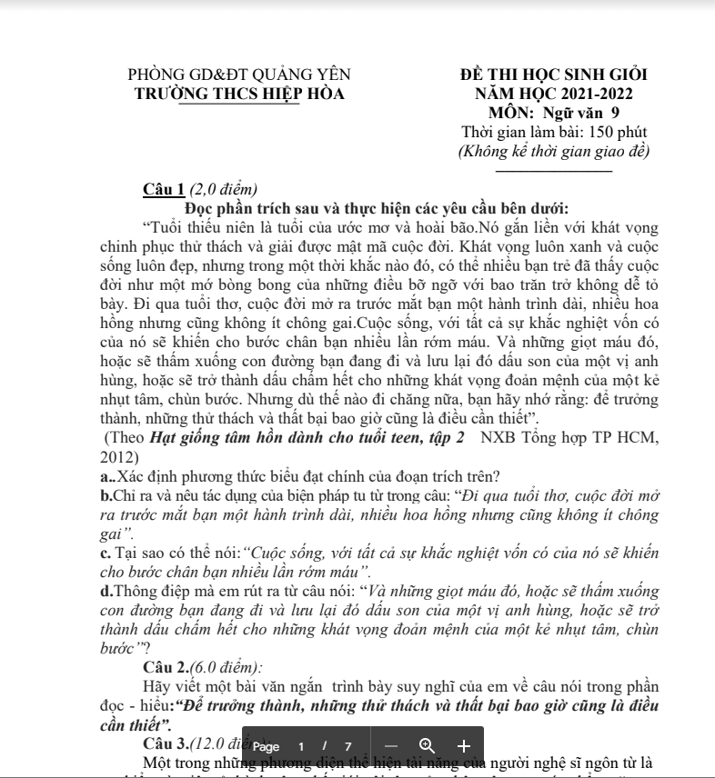 Đề thi HSG Ngữ văn 9 năm học 2021-2022 Phòng GD&ĐT Quảng Yên Trường THCS Hiệp Hòa.