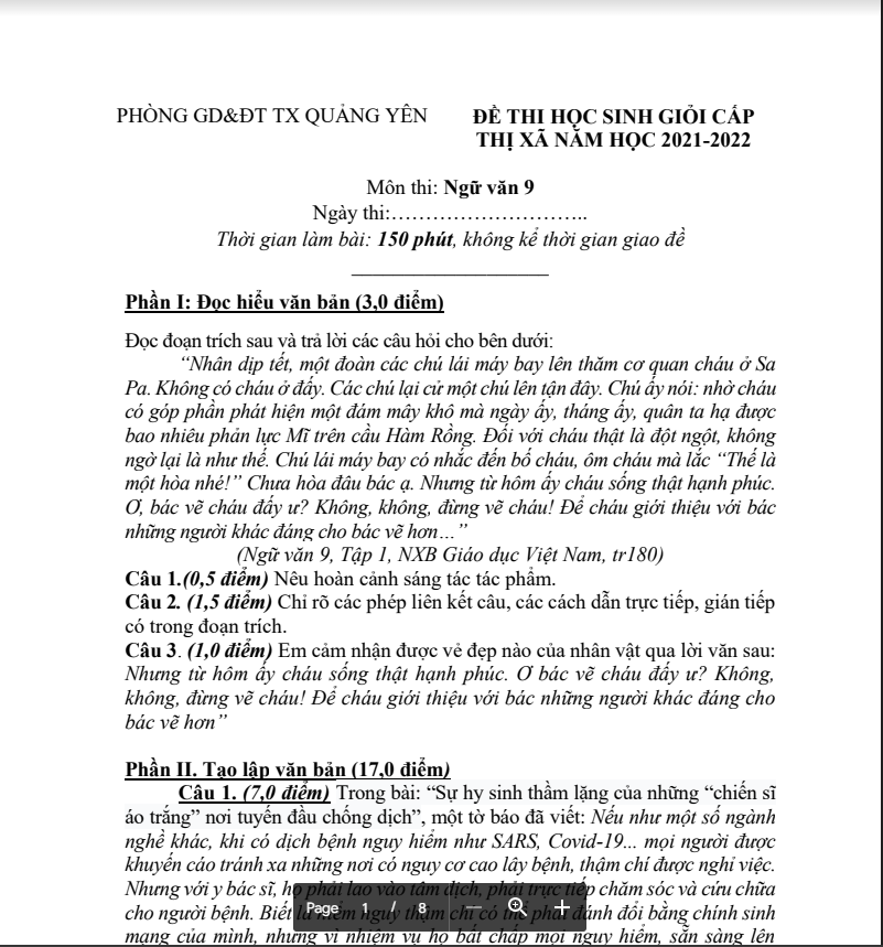 Đề thi HSG cấp Thị xã Lớp 9 năm học 2021-2022 môn Ngữ văn Phòng GD&ĐT Quảng Yên-1