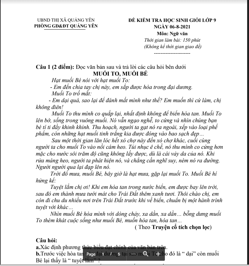 Đề kiểm tra học sinh giỏi lớp 9 môn Ngữ văn năm học 2021-2022 ngày 6-8-2021 Phòng GD&ĐT Quảng Yên.