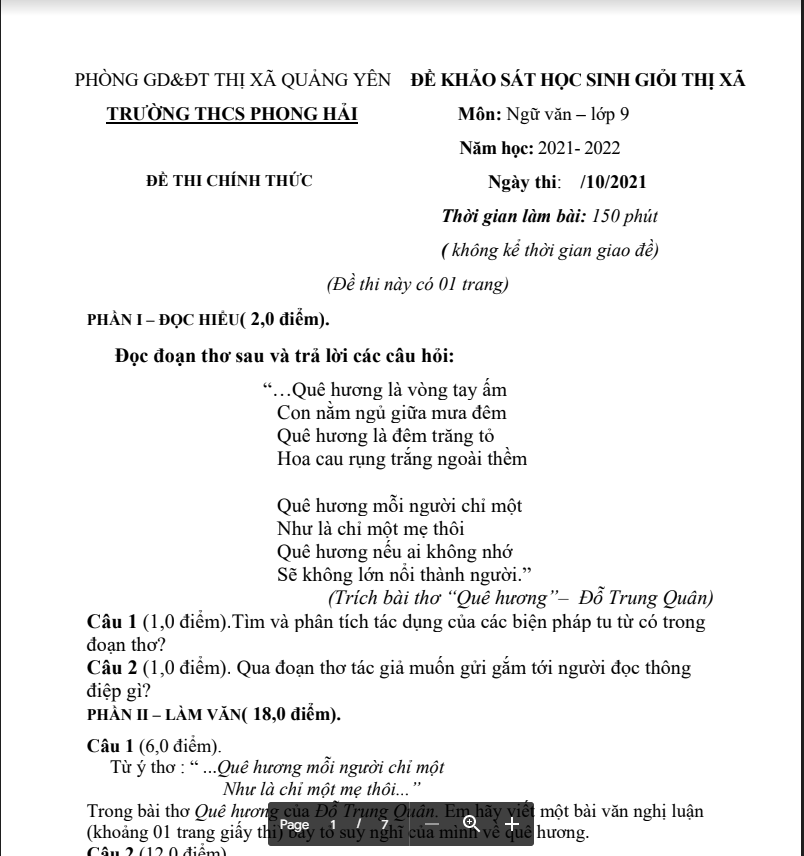 Đề thi HSG cấp Thị xã năm học 2021-2022 môn Ngữ văn Phòng GD&ĐT Quảng Yên Trường THCS Yên Hải.