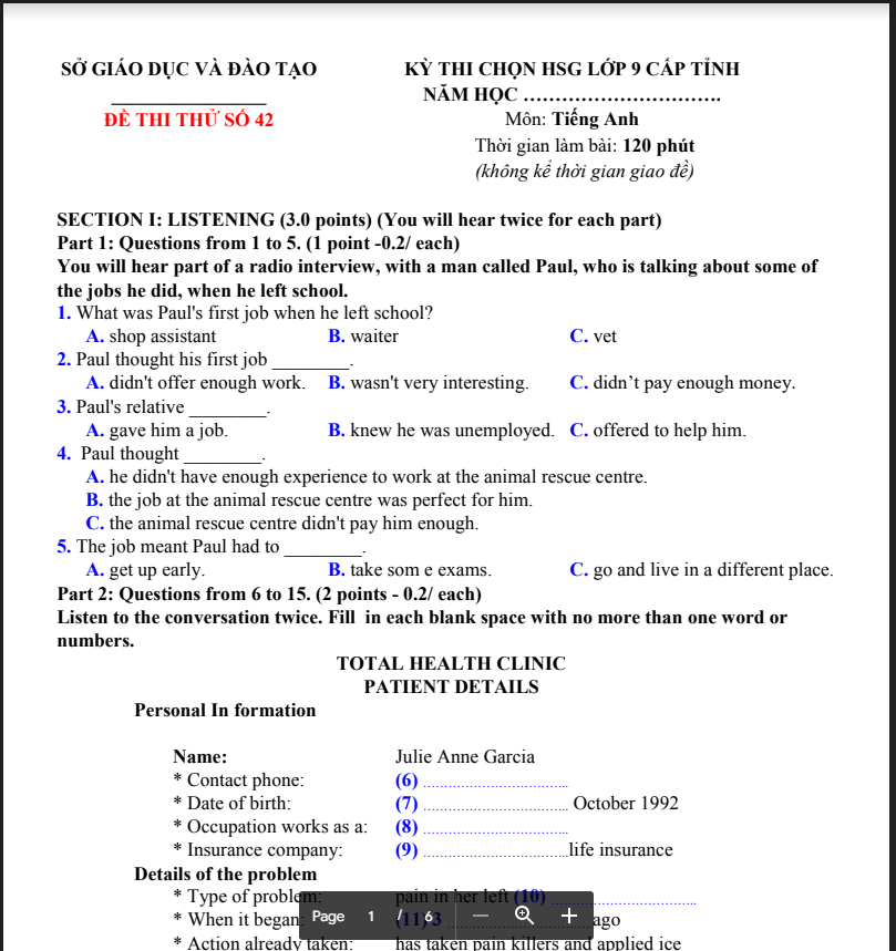 Đề thi thử số 42 học sinh giỏi môn Tiếng Anh lớp 9 cấp tỉnh.