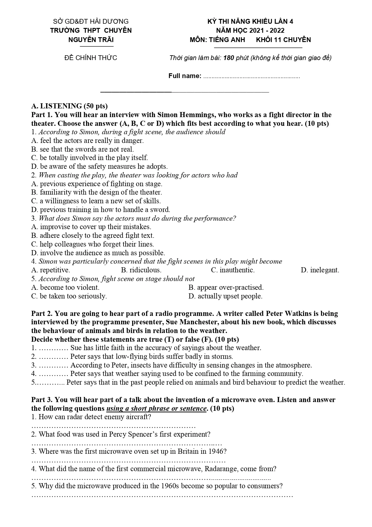 Đề luyện thi học sinh giỏi số 11 lớp 8 năm học 2021-2022 môn Tiếng Anh có đáp án.