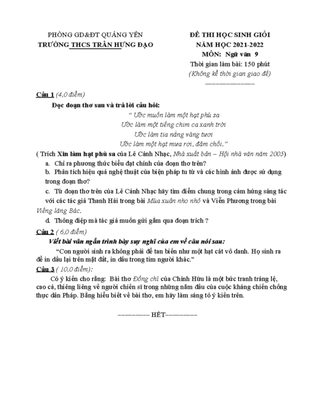 Đề thi HSG năm học 2021-2022 môn Ngữ văn Phòng GD&ĐT Quảng Yên Trường THCS Trần Hưng Đạo.