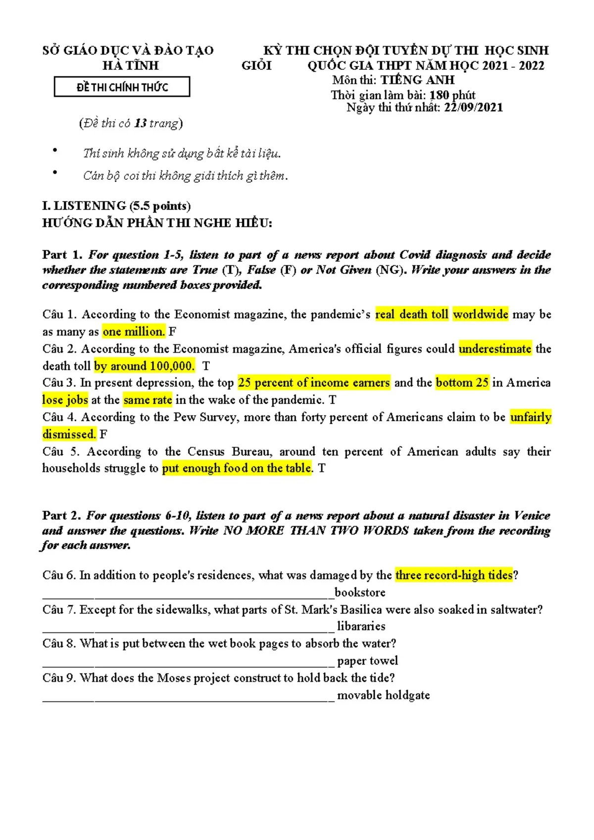 Đề luyện thi học sinh giỏi số 13 lớp 7 năm học 2021-2022 môn Tiếng Anh có đáp án.