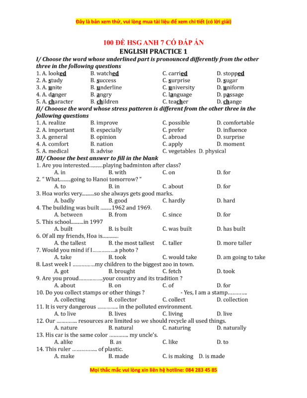 Đề luyện nghe học sinh giỏi số 7 Tiếng Anh .