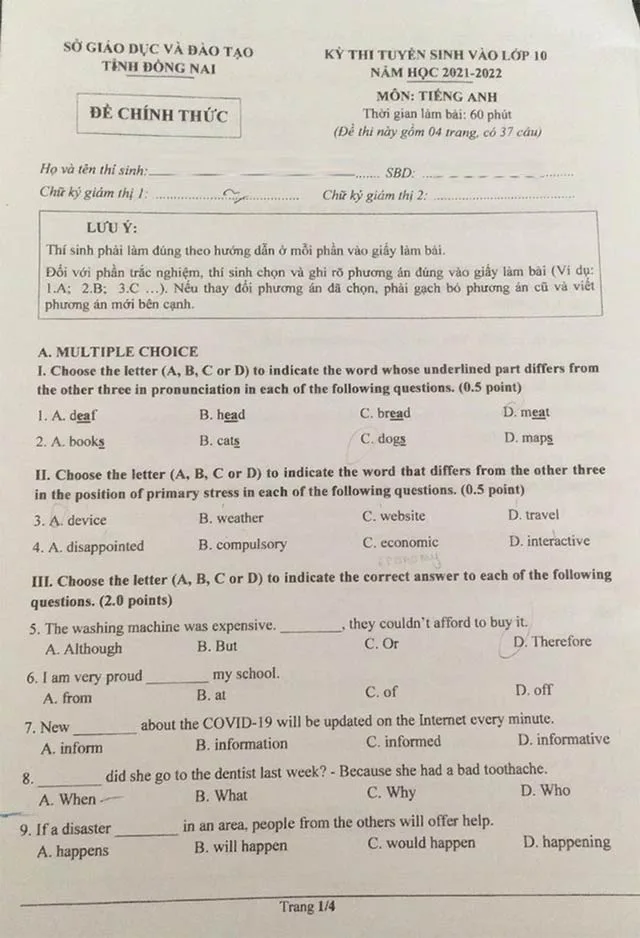 Đề kiểm tra học sinh giỏi năm 2021-2022 môn Tiếng Anh 6 số 10 có đáp án.