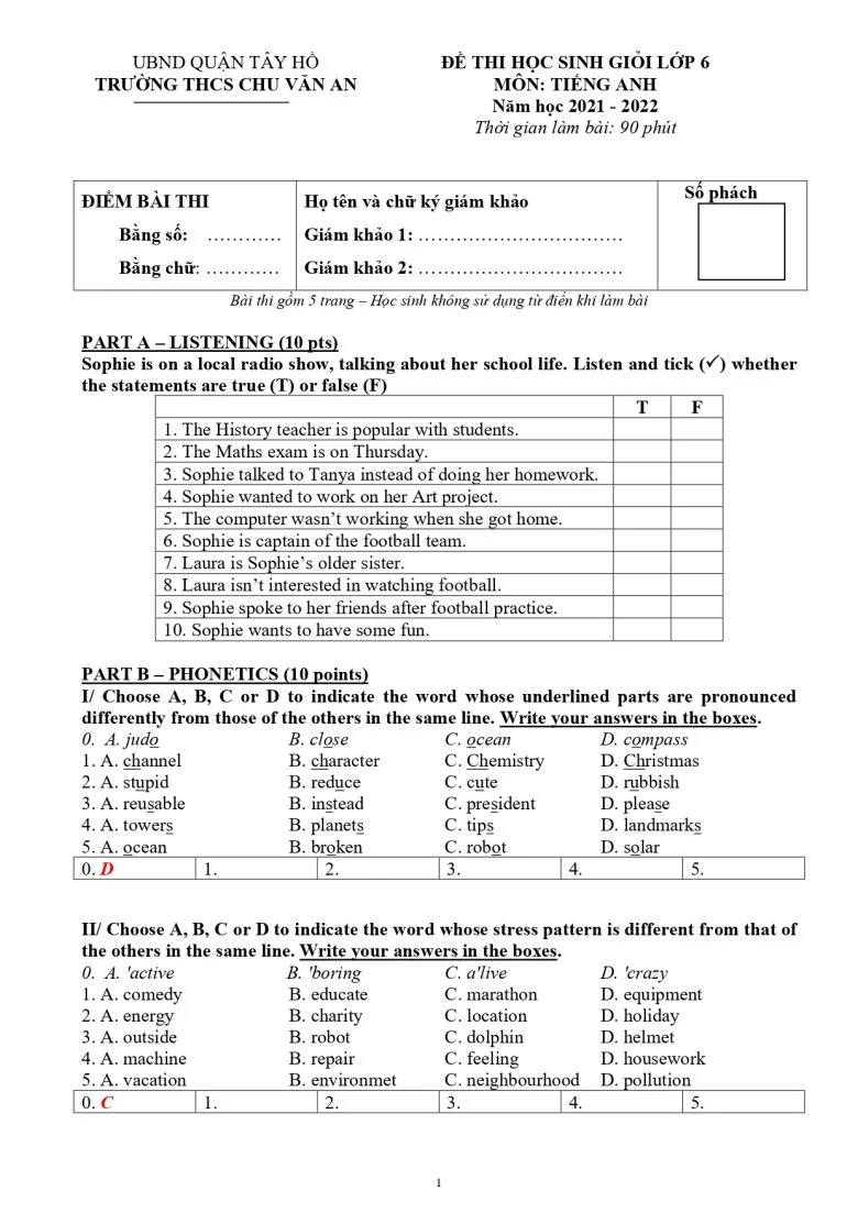 Đề thi khảo sát học sinh giỏi năm 2021-2022 môn Tiếng Anh 6 có đáp án.