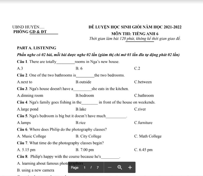 Đề luyện học sinh giỏi Tiếng Anh 6 năm học 2021-2022 số 23 có đáp án