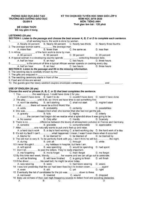 Đề thi chọn học sinh giỏi cấp huyện Tiếng Anh năm 2020-2021 lớp 6 số 14 có đáp án.