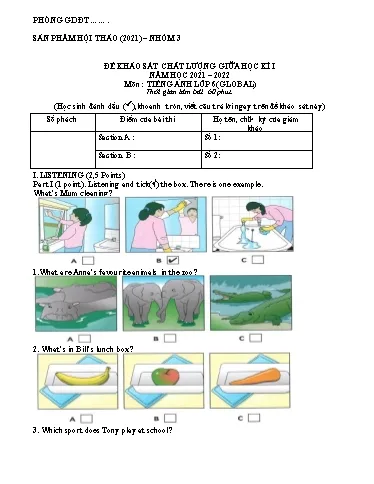 Đề khảo sát học sinh giỏi năm 2021-2022 môn Tiếng Anh 6 số 12 có đáp án.