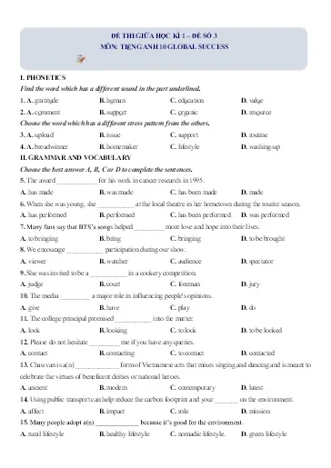 Đề thi khảo sát học sinh giỏi số 8 môn Tiếng Anh 6 có đáp án.