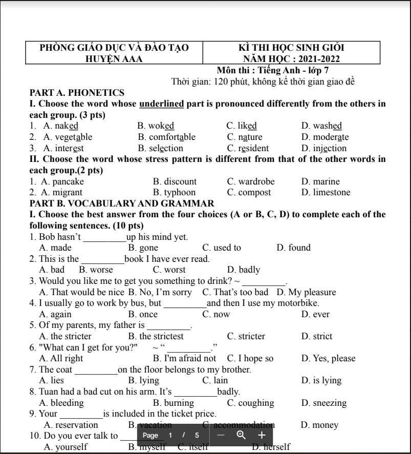 Đề luyện thi học sinh giỏi số 23 lớp 7 năm 2021-2022 môn Tiếng Anh có đáp án.