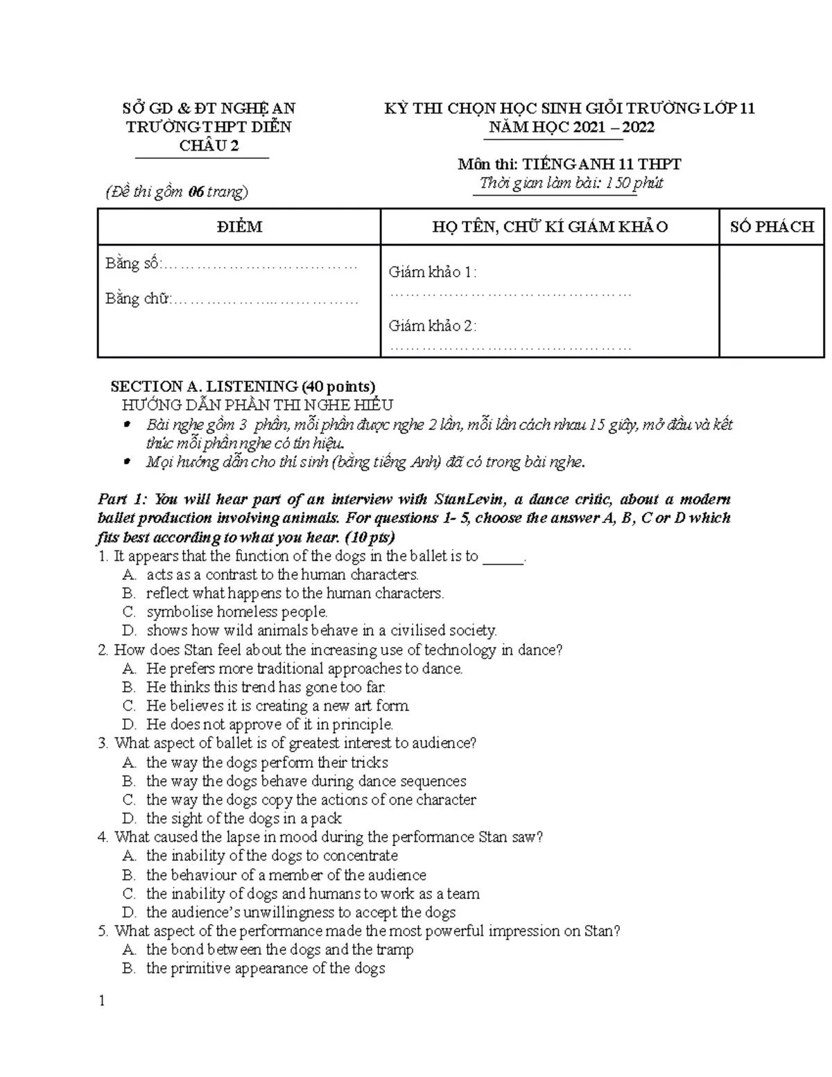 Đề thi chọn học sinh giỏi năm 2021-2022 môn Tiếng Anh 6 số 10 có đáp án.