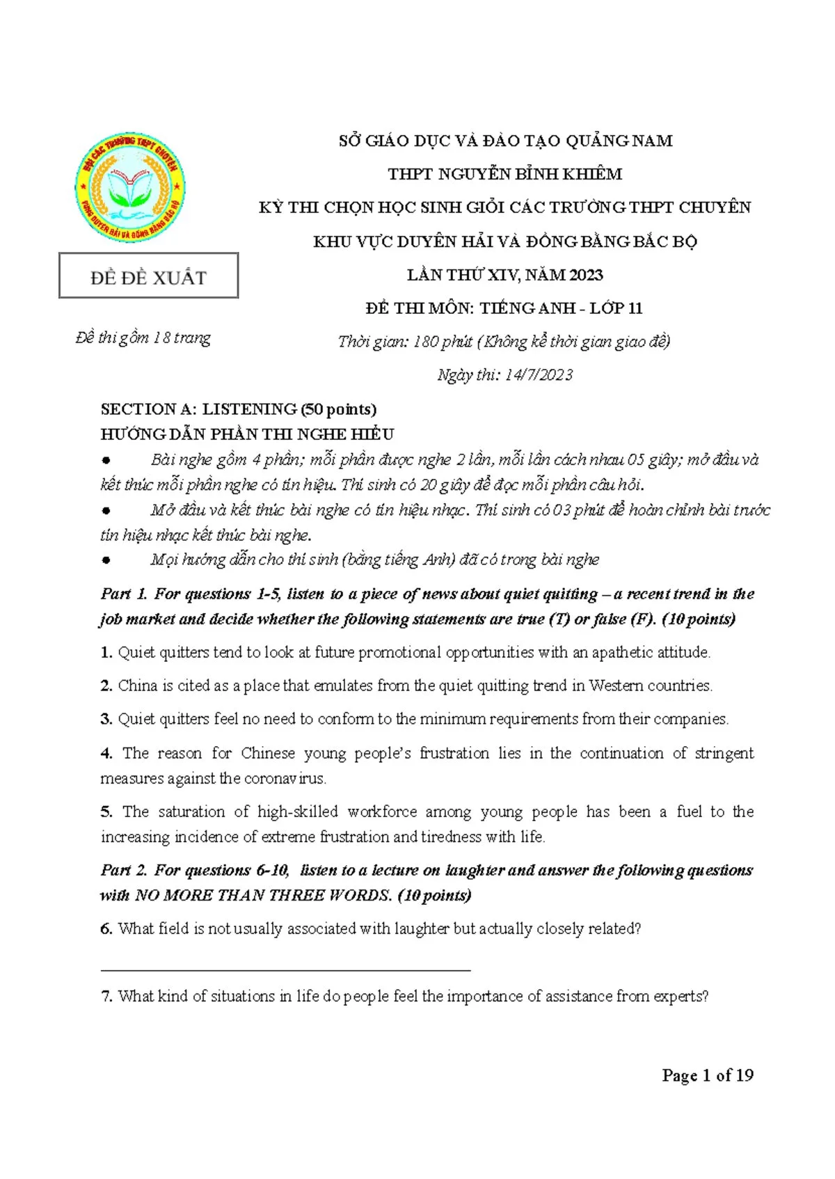 Đề luyện nghe học sinh giỏi số 7 Tiếng Anh .