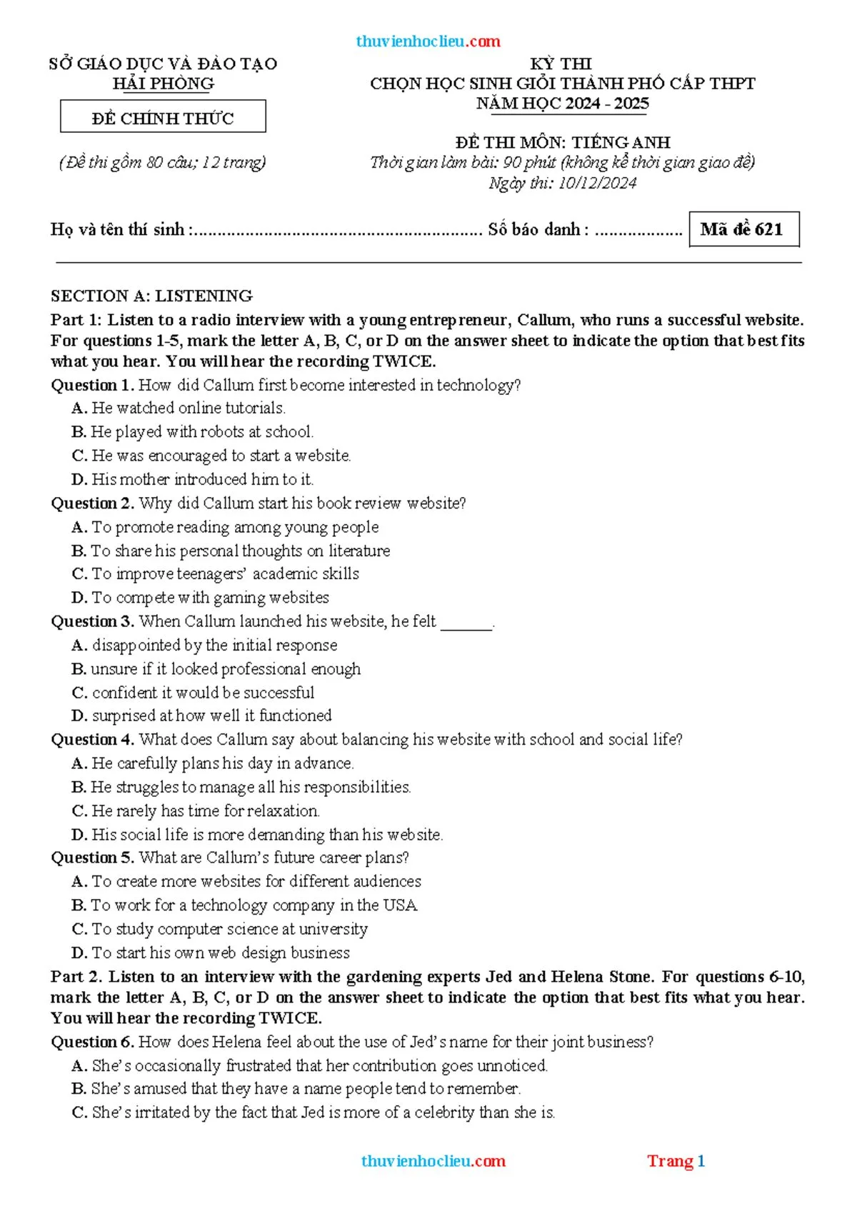 Đề luyện nghe học sinh giỏi số 5 Tiếng Anh.