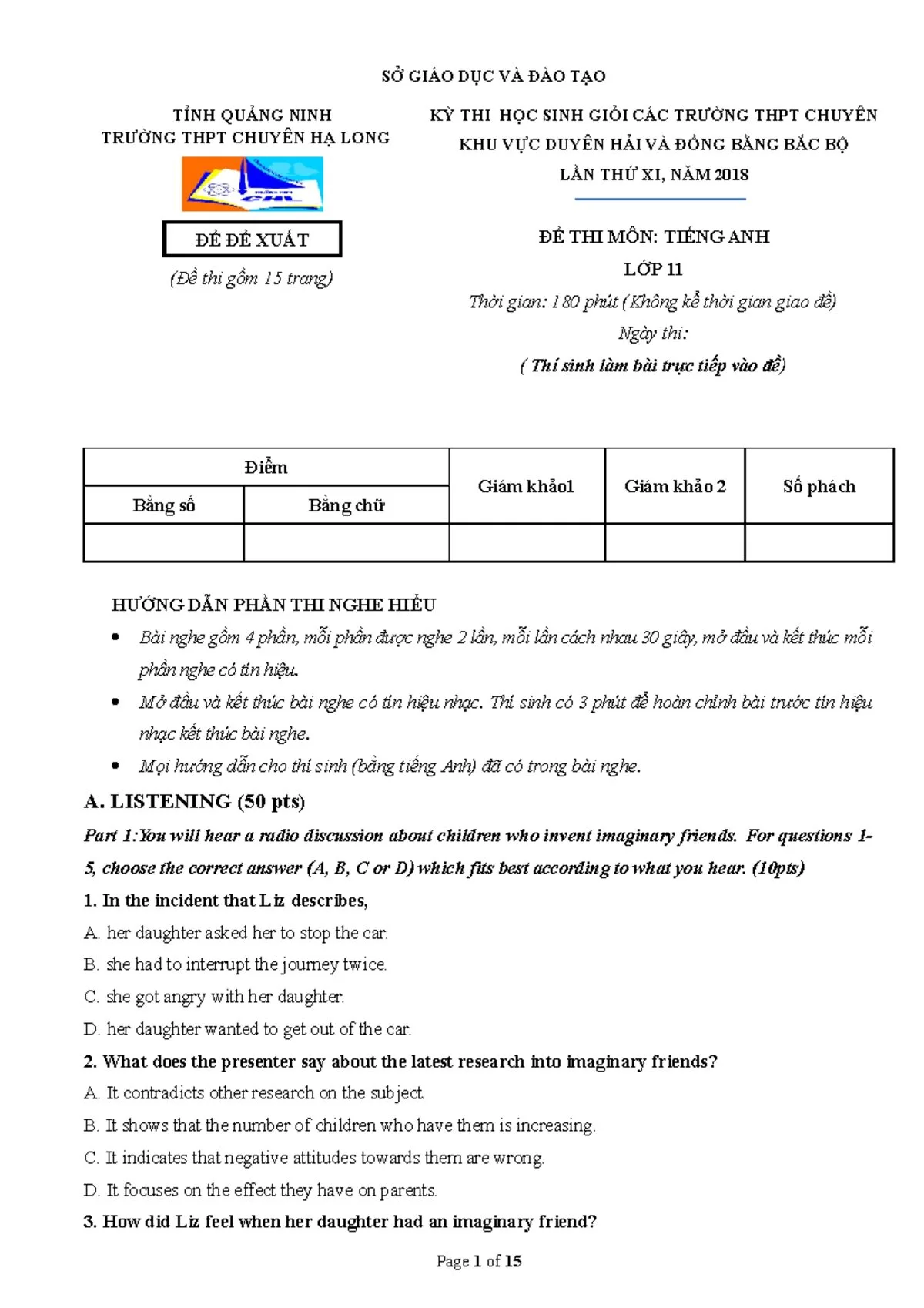 Đề luyện nghe học sinh giỏi số 11 môn Tiếng Anh .