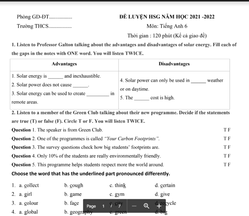 Đề luyện học sinh giỏi năm 2021-2022 môn Tiếng Anh 6 số 18 có đáp án.