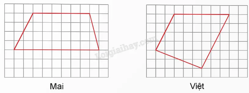 Kết quả vẽ thêm hai đoạn thẳng để được hình thang của Mai và Việt.