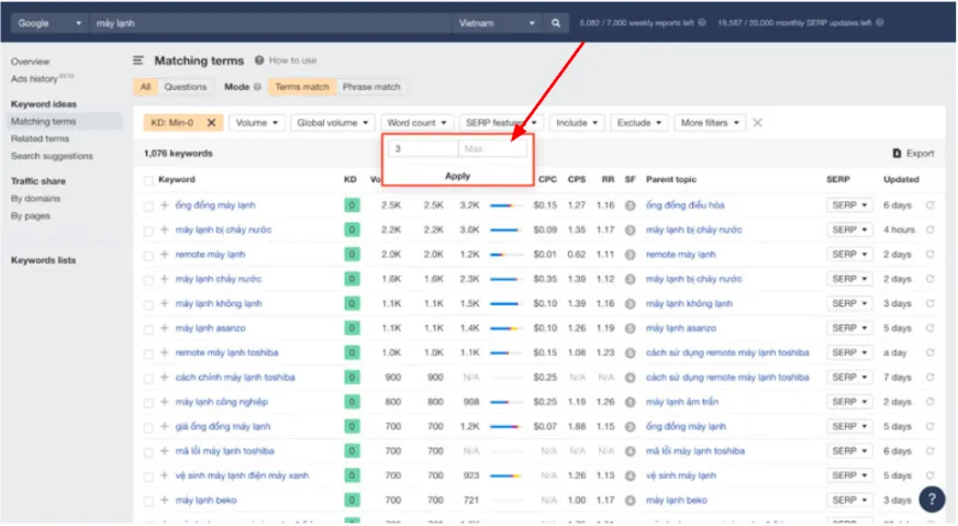 Lọc danh sách Phantom keyword theo word count