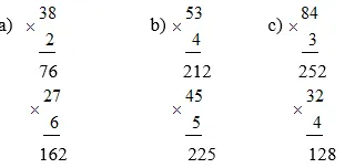 Hướng dẫn chi tiết cách đặt tính và tính toán cho các phép nhân: 38 nhân 2, 27 nhân 6, 53 nhân 4, 45 nhân 5, 84 nhân 3, và 32 nhân 4