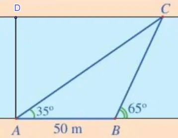 Minh họa tam giác ABC và đường cao AD (độ rộng sông)