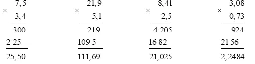 Kết quả đặt tính và tính 4 phép nhân số thập phân trong allintitle:giải toán 5 trang 74 Bài 1
