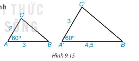 Hình 9.15: Hai tam giác ABC và A'B'C' với các cạnh và góc cho trước minh họa trường hợp đồng dạng c.g.c