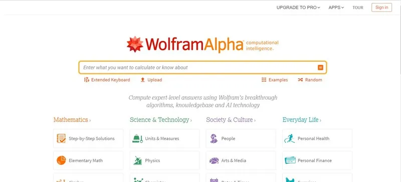 Giao diện WolframAlpha, một phần mềm giải toán nhanh dựa trên tri thức toàn diện