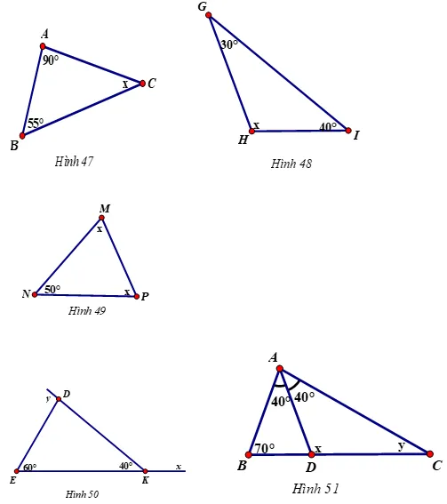 Các hình vẽ 47, 48, 49, 50, 51 phục vụ bài toán tìm góc x, y