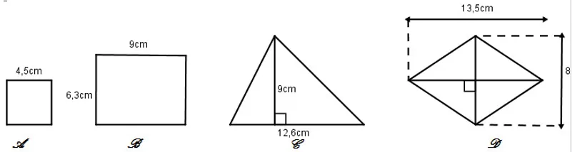 Hình A (Vuông), Hình B (Chữ nhật), Hình C (Tam giác) và Hình D (Thoi) với kích thước cụ thể để tính diện tích