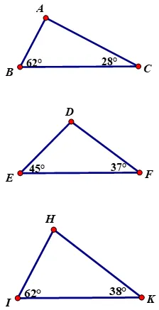 Các hình vẽ tam giác ABC, DEF, HIK để phân loại tam giác