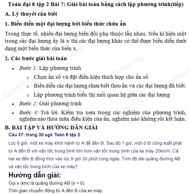 giai toan 8 trang 30 sgk tap 2 giai bai toan bang cach lap phuong trinh tiep