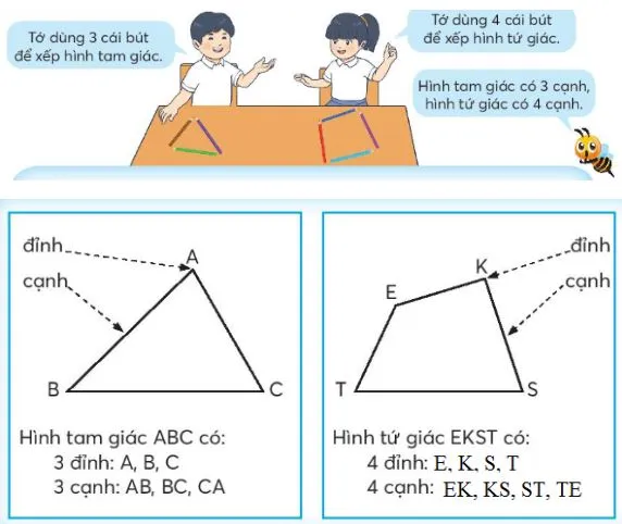 Một hình tam giác có 3 đỉnh và 3 cạnh cùng một hình tứ giác có 4 đỉnh và 4 cạnh