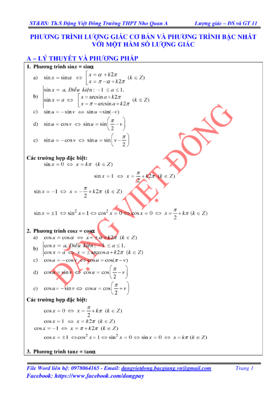 Hướng Dẫn giải toán lớp 11 bài 1 Chi Tiết: Phương Trình Lượng Giác Cơ Bản